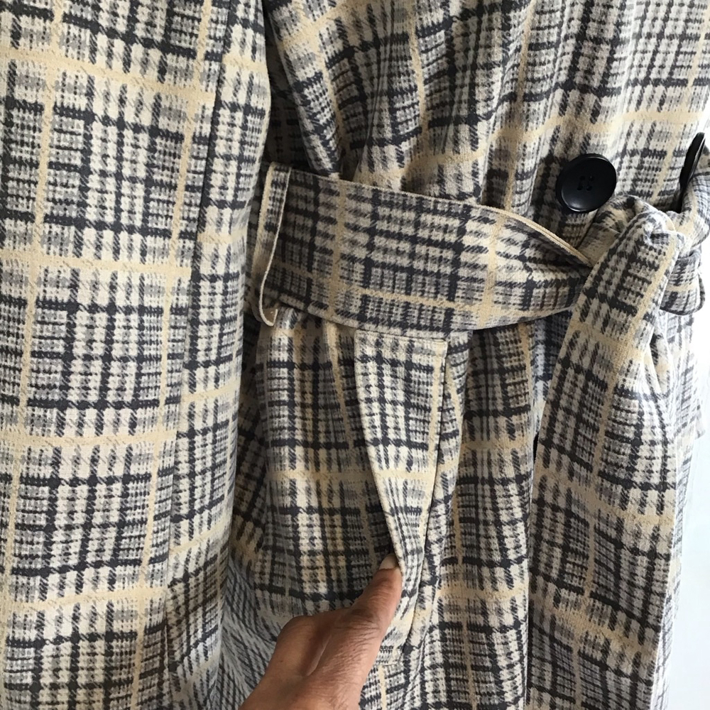 Solitaire Women Plaid Double Breasted Tie Belt Trench Jacket S Beige Black - Picture 5 of 15
